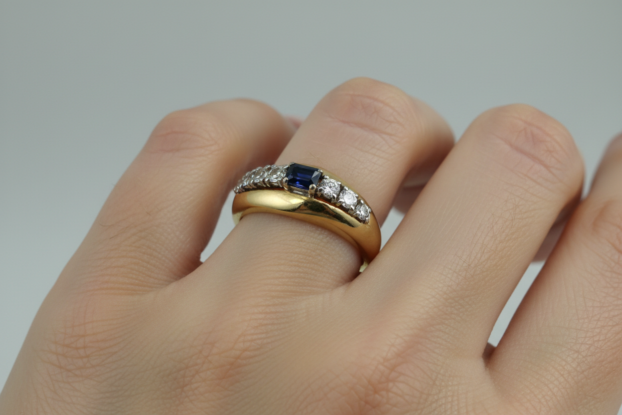 18ct gold bombé dress ring, with a sapphire & diamond tiara