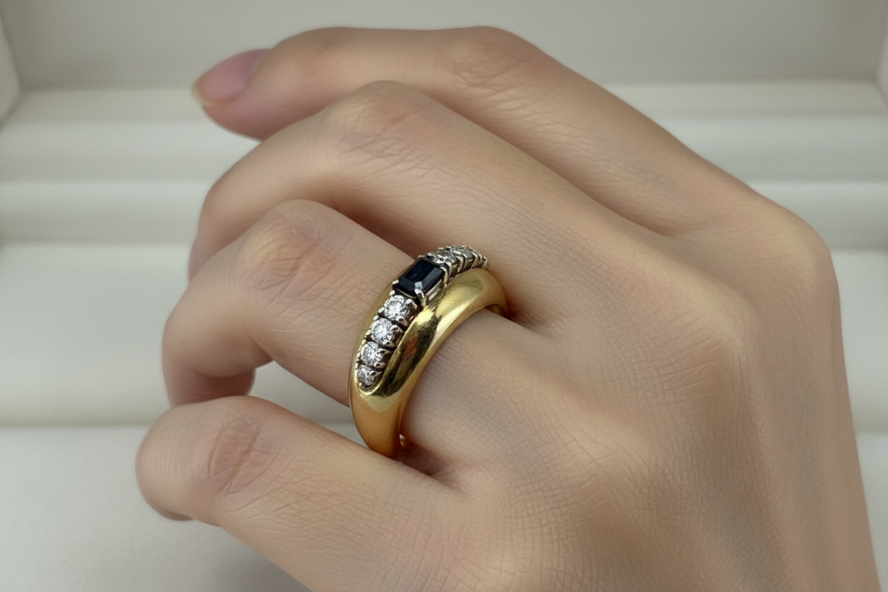 18ct gold bombé dress ring, with a sapphire & diamond tiara